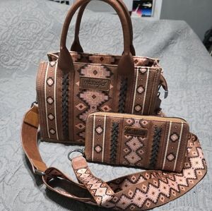 Wrangler Tan and Brown Geometric Women's Satchel Set